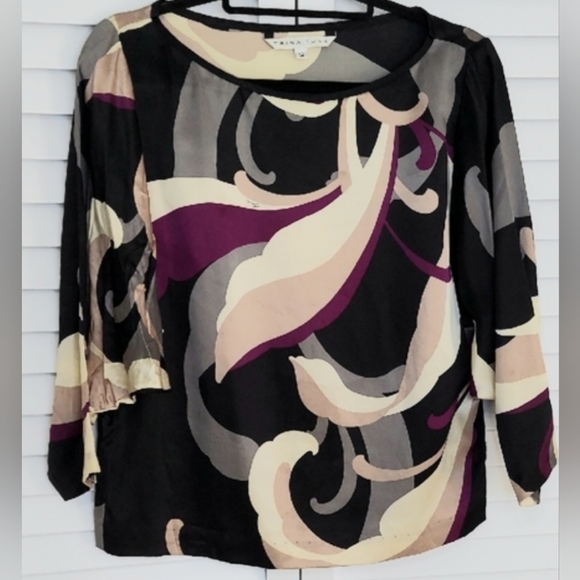 Trina Turk Tops - Trina Turk Top, Size S, 100% Silk Soie, Black Purple Modern, Dolman Sleeves